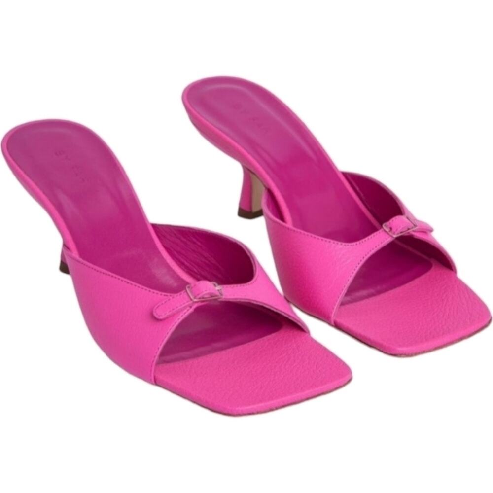 BY FAR Erin Hot Pink Grained Leather 90s Square Toe Buckle Mules US8 NIB